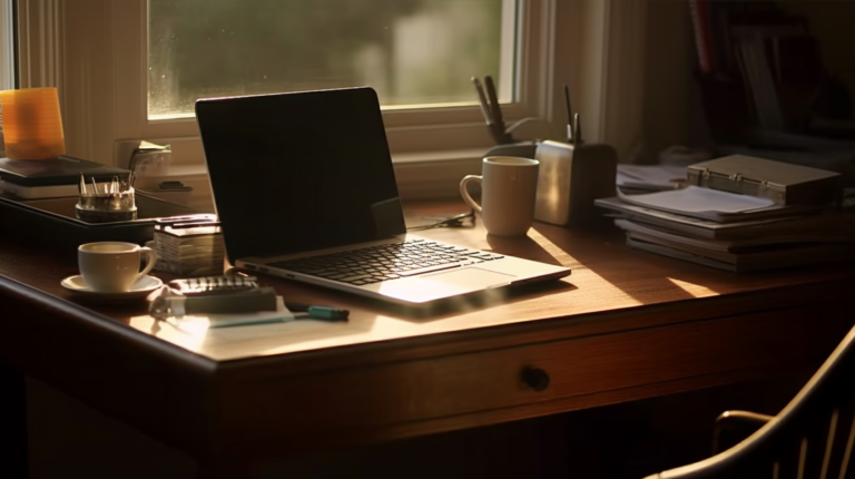 Imagem de um notebook e material de escritório, em cima de uma mesa elegante, em frente a uma janela com luz solar dourada.