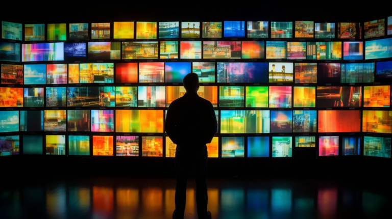 Silhueta de um homem observando um mural de televisores a cores, todos passando programas diferentes, tentando perceber como destacar-se na era da autenticidade.